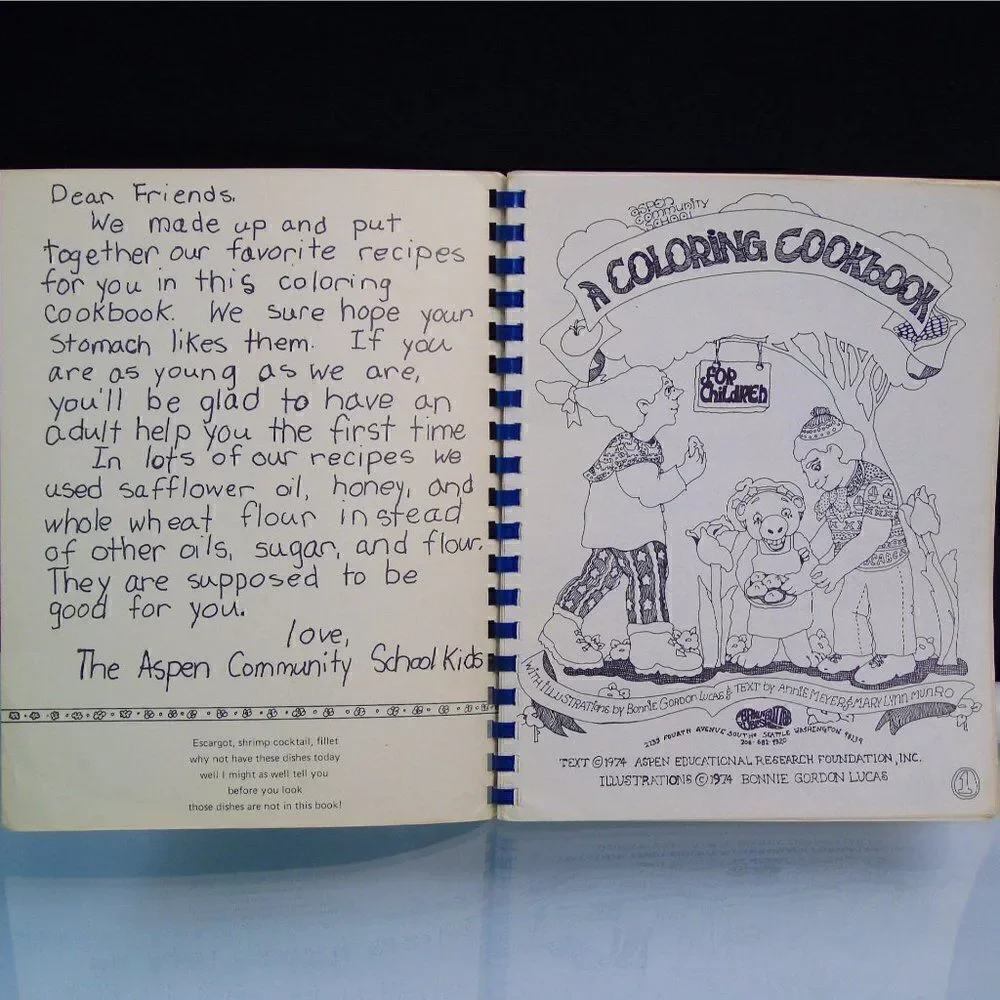 Children Cookbook Vintage 1974 A Coloring Recipe Book Aspen Colorado Kids Book